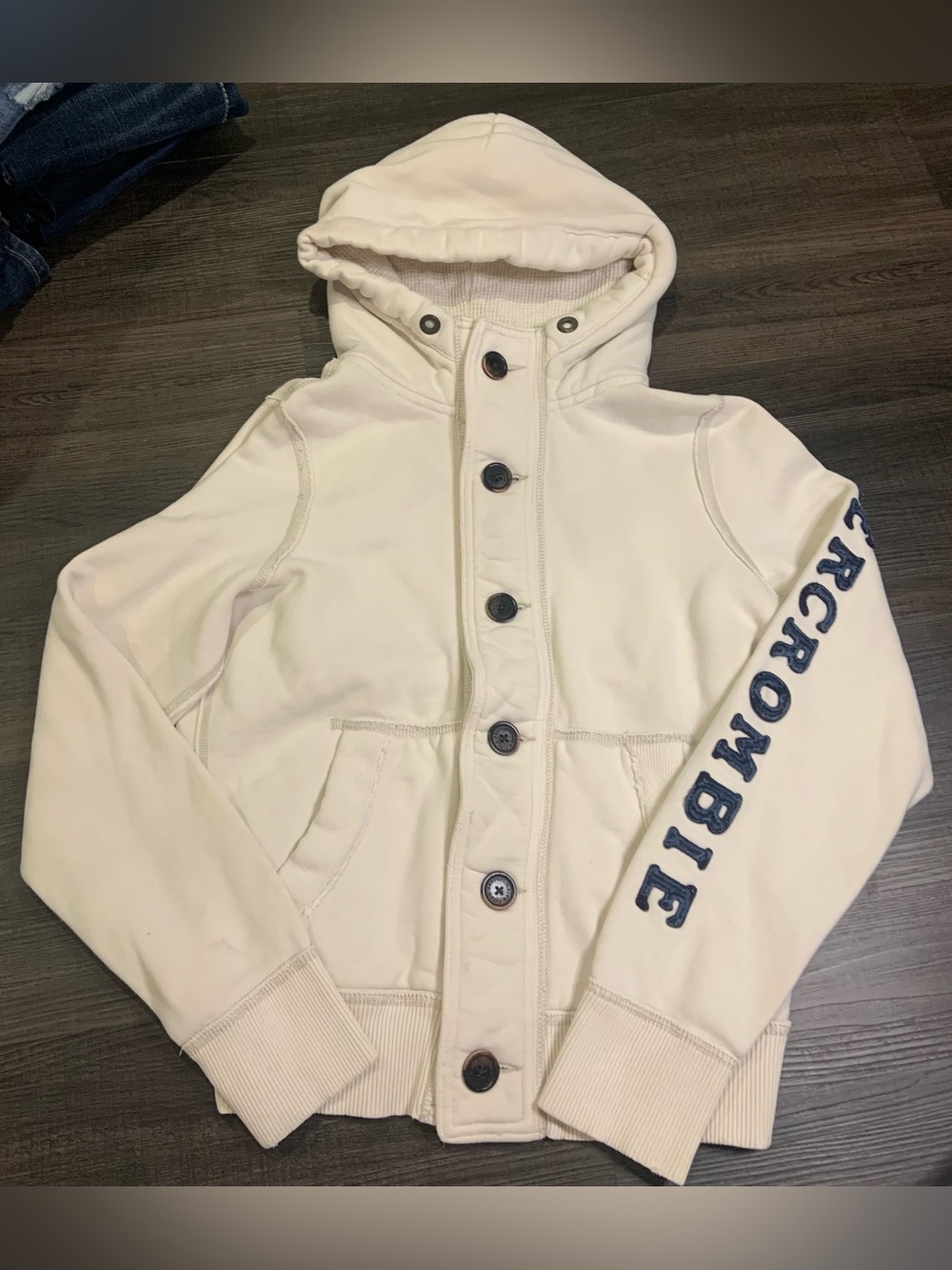 Abercrombie & Fitch Cream Hooded Button-Front Jacket with Navy Sleeve Logo